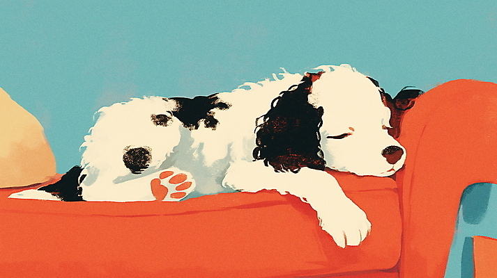 JPG 일러스트 휴식 실내 따뜻함 사람없음 빨간색 파란색 소파 강아지 편안함 낮잠 국내일러스트 AI일러스트 AI콘텐츠 컬러 컨셉 의자 내부 반려동물 잠 감각 개 파일형식