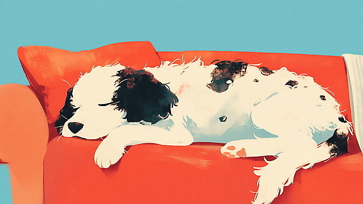 JPG 일러스트 휴식 실내 따뜻함 사람없음 빨간색 파란색 소파 강아지 편안함 낮잠 국내일러스트 AI일러스트 AI콘텐츠 컬러 컨셉 의자 내부 반려동물 잠 감각 개 파일형식