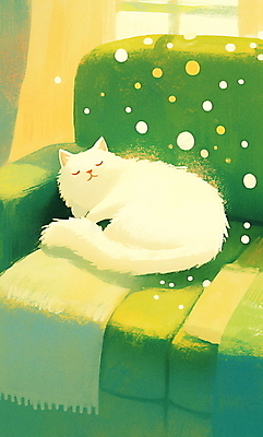 JPG 일러스트 휴식 실내 따뜻함 사람없음 초록색 소파 고양이 편안함 낮잠 국내일러스트 AI일러스트 AI콘텐츠 컬러 컨셉 의자 포유류 내부 반려동물 잠 감각 파일형식