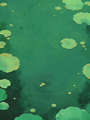 JPG 일러스트 자연 사람없음 초록색 고요 연못 수면 수중식물 연잎 국내일러스트 AI일러스트 AI콘텐츠 식물 컬러 잎 물 생태계 파일형식