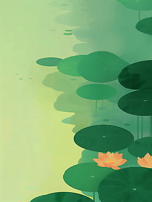 JPG 일러스트 자연 연꽃 사람없음 초록색 고요 연못 수면 수중식물 연잎 국내일러스트 AI일러스트 AI콘텐츠 식물 꽃 컬러 잎 물 생태계 파일형식