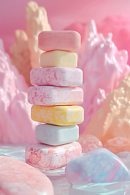 JPG 편집이미지 분홍색 사람없음 쌓기 청결 위생 비누 파스텔톤 편집소스 편집실사 AI컴퓨터그래픽 AI콘텐츠 컬러 모션 위생용품 CG 파일형식