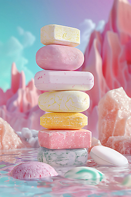 JPG 편집이미지 분홍색 사람없음 청결 바위 수면 위생 비누 파스텔톤 편집소스 편집실사 젠 AI컴퓨터그래픽 AI콘텐츠 컬러 물 위생용품 쌓기 돌_바위 CG 파일형식