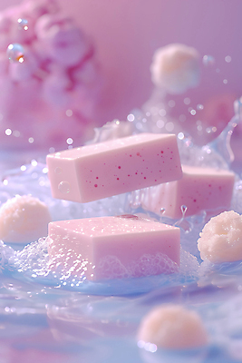 JPG 편집이미지 사람없음 청결 비눗방울 위생 비누 연보라색 비누거품 스펀지 파스텔톤 편집소스 편집실사 AI컴퓨터그래픽 AI콘텐츠 컬러 위생용품 보라색 거품 CG 파일형식