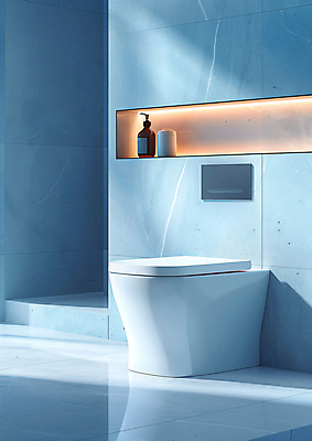 JPG 편집 편집이미지 하늘색 조명 선반 그림자 사람없음 인테리어 화장실 합성 변기 바디워시 편집실사 AI포토 AI콘텐츠 디자인 가구 파란색 CG 파일형식