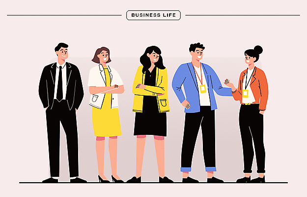 전신 여자 남자 일러스트 커뮤니케이션 함께함 대화 서기 정장 여러명 성인 팔짱 비즈니스맨 비즈니스우먼 주머니손 사원증 성인만 국내일러스트 AI파일 옷 다수 컨셉 비즈니스 모션 말하기 사람 직장인 파일형식 벡터