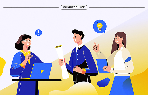 여자 남자 말풍선 일러스트 전구 회의 커뮤니케이션 아이디어 함께함 대화 들기 상반신 성인 세명 파란색 태블릿 가리킴 작업 비즈니스맨 비즈니스우먼 느낌표 성인만 안경낌 국내일러스트 AI파일 기호 안경 컬러 컨셉 비즈니스 모션 말하기 사람 손짓 전자제품 스마트기기 직장인 파일형식 벡터