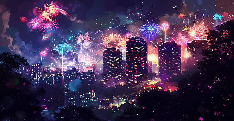 JPG 야경 일러스트 밤하늘 불꽃놀이 빌딩 사람없음 축제 도시 화려 국내일러스트 AI일러스트 AI콘텐츠 컨셉 놀이 하늘 건물 야간 파일형식 풍경_경치