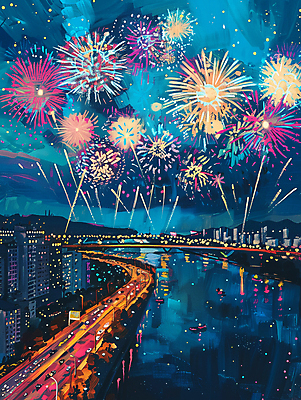 JPG 야경 일러스트 밤하늘 붓터치 불꽃놀이 사람없음 강 축제 도시 화려 가교 국내일러스트 AI일러스트 AI콘텐츠 건축물 컨셉 놀이 하늘 야간 파일형식 풍경_경치