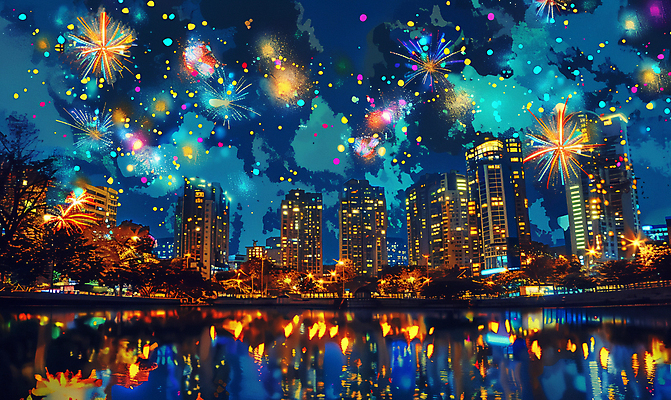 JPG 호수 야경 일러스트 밤하늘 조명 불꽃놀이 빌딩 사람없음 건물 빛 반사 축제 도시 화려 국내일러스트 AI일러스트 AI콘텐츠 건축물 컨셉 놀이 하늘 야간 파일형식 풍경_경치