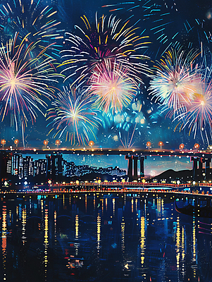 JPG 야경 일러스트 밤하늘 불꽃놀이 사람없음 강 반사 축제 도시 화려 가교 국내일러스트 AI일러스트 AI콘텐츠 건축물 컨셉 놀이 하늘 야간 파일형식 풍경_경치