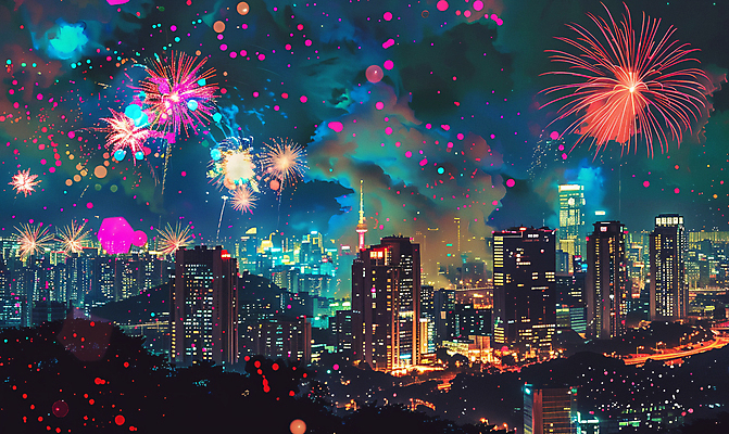 JPG 야경 일러스트 밤하늘 불꽃놀이 빌딩 사람없음 건물 축제 도시 화려 국내일러스트 AI일러스트 AI콘텐츠 건축물 컨셉 놀이 하늘 야간 파일형식 풍경_경치