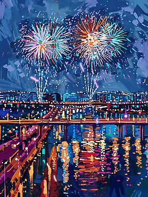 JPG 야경 일러스트 밤하늘 붓터치 조명 불꽃놀이 사람없음 강 반사 축제 도시 화려 가교 국내일러스트 AI일러스트 AI콘텐츠 건축물 컨셉 놀이 하늘 야간 파일형식 풍경_경치