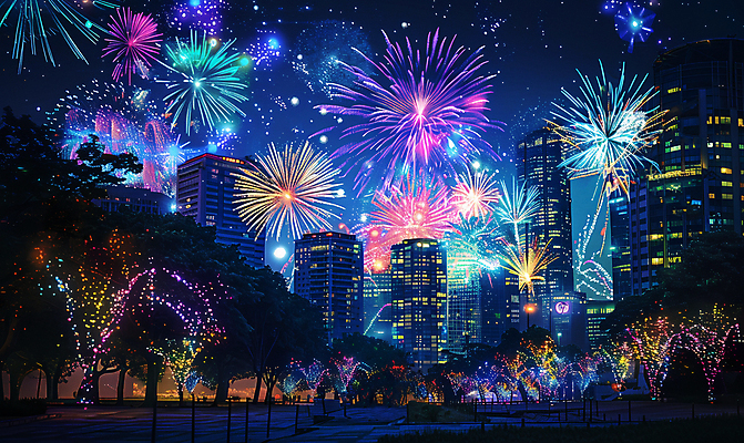 JPG 나무 야경 일러스트 밤하늘 조명 불꽃놀이 빌딩 사람없음 건물 축제 도시 화려 국내일러스트 AI일러스트 AI콘텐츠 식물 건축물 컨셉 놀이 하늘 야간 파일형식 풍경_경치