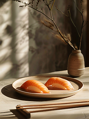 JPG 편집이미지 접시 젓가락 그림자 사람없음 꽃병 나뭇가지 디지털합성 심플 연어초밥 연어회 젓가락받침대 미니멀 편집실사 AI포토 AI콘텐츠 나무 식기 꽃 수저 초밥 생선회 CG 연어 수저받침대 파일형식
