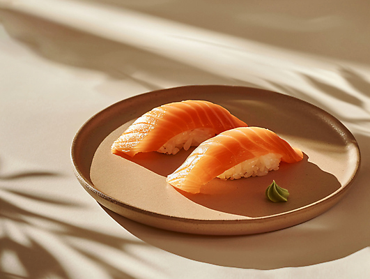 JPG 편집이미지 접시 그림자 사람없음 고추냉이 디지털합성 심플 연어초밥 연어회 미니멀 편집실사 AI포토 AI콘텐츠 식기 초밥 생선회 양념 CG 연어 파일형식