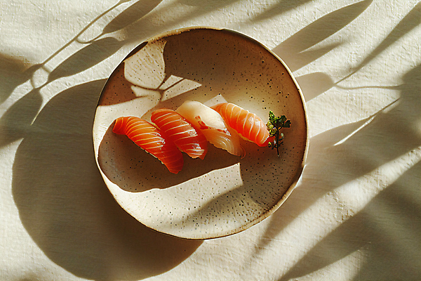 JPG 편집이미지 접시 그림자 사람없음 디지털합성 생선초밥 심플 연어초밥 미니멀 편집실사 AI포토 AI콘텐츠 식기 초밥 CG 연어 파일형식