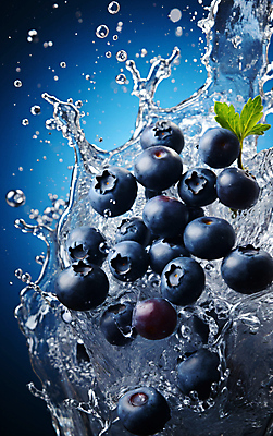 JPG 편집이미지 잎 사람없음 물 물방울 신선 디지털합성 블루베리 스플래쉬 슈퍼푸드 편집실사 AI컴퓨터그래픽 AI콘텐츠 자연요소 식물 과일 CG 건강식품 파일형식