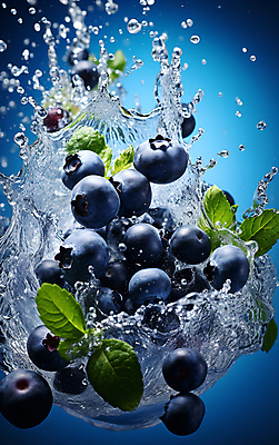 JPG 편집이미지 잎 사람없음 물 물방울 신선 디지털합성 블루베리 스플래쉬 슈퍼푸드 편집실사 AI컴퓨터그래픽 AI콘텐츠 자연요소 식물 과일 CG 건강식품 파일형식