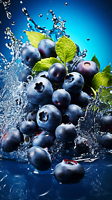 JPG 편집이미지 잎 사람없음 물 물방울 신선 디지털합성 블루베리 스플래쉬 슈퍼푸드 편집실사 AI컴퓨터그래픽 AI콘텐츠 자연요소 식물 과일 CG 건강식품 파일형식