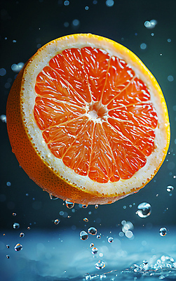 JPG 편집이미지 단면 사람없음 물 물방울 신선 자몽 디지털합성 스플래쉬 편집실사 AI컴퓨터그래픽 AI콘텐츠 자연요소 과일 CG 파일형식