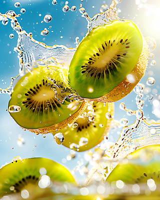 JPG 편집이미지 단면 키위 사람없음 물 햇빛 물방울 신선 디지털합성 스플래쉬 편집실사 AI컴퓨터그래픽 AI콘텐츠 자연요소 과일 태양 CG 파일형식