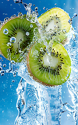 JPG 편집이미지 단면 키위 사람없음 물 물방울 신선 디지털합성 스플래쉬 편집실사 AI컴퓨터그래픽 AI콘텐츠 자연요소 과일 CG 파일형식