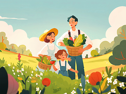 PSD 라이프스타일 여자 남자 꽃 행복 어린이 토마토 채소 일러스트 가족 웃음 들기 소녀 상반신 성인 세명 여름 바구니 화목 수확 시골 풀 밀짚모자 감성 전원생활 주말농장 국내일러스트 식물 모자_잡화 계절 감정 컨셉 농업 관계 모션 표정 사람 생활 농장 파일형식