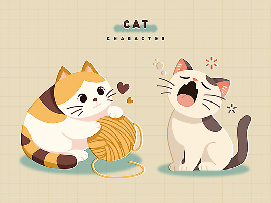 스티커 두마리 일러스트 그림자 사람없음 귀여움 고양이 털실 졸음 하품 고양이캐릭터 세계고양이의날 국내일러스트 AI파일 기념일 감정 동물캐릭터 컨셉 2 포유류 반려동물 실 생리현상 파일형식 벡터