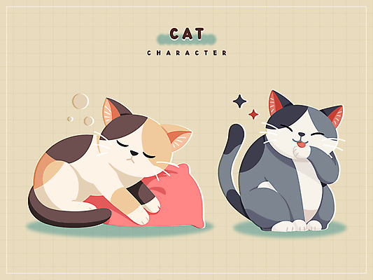쿠션 스티커 두마리 일러스트 그림자 사람없음 귀여움 고양이 잠 핥기 고양이캐릭터 그루밍 세계고양이의날 국내일러스트 AI파일 기념일 동물캐릭터 컨셉 2 포유류 모션 반려동물 파일형식 벡터