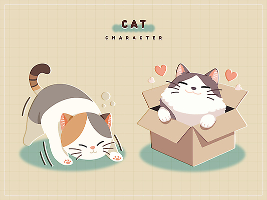 스티커 두마리 일러스트 그림자 사람없음 귀여움 고양이 스트레칭 종이상자 기지개 고양이캐릭터 애교 세계고양이의날 국내일러스트 AI파일 기념일 동물캐릭터 컨셉 2 포유류 모션 반려동물 상자 운동 파일형식 벡터