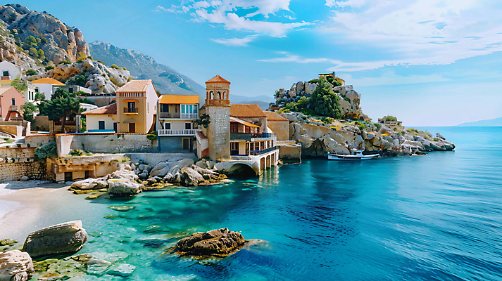 JPG 편집이미지 유럽 바다 여행 하늘 휴가 휴식 풍경 사람없음 건물 맑음 바위 디지털합성 유럽여행 편집실사 AI포토 AI콘텐츠 건축물 나라 해외여행 컨셉 날씨 돌_바위 CG 파일형식