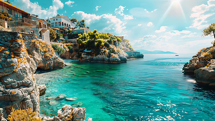 JPG 편집이미지 유럽 바다 여행 휴가 휴식 풍경 사람없음 건물 햇빛 맑음 바위 디지털합성 유럽여행 편집실사 AI포토 AI콘텐츠 건축물 나라 해외여행 컨셉 날씨 태양 돌_바위 CG 파일형식