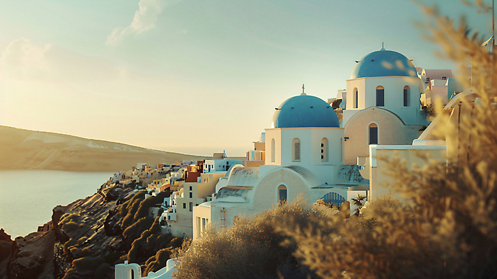 JPG 나무 편집이미지 유럽 여행 휴가 휴식 나뭇잎 풍경 사람없음 노을 디지털합성 유럽여행 산토리니 편집실사 AI포토 AI콘텐츠 자연요소 식물 나라 해외여행 컨셉 잎 그리스 CG 파일형식