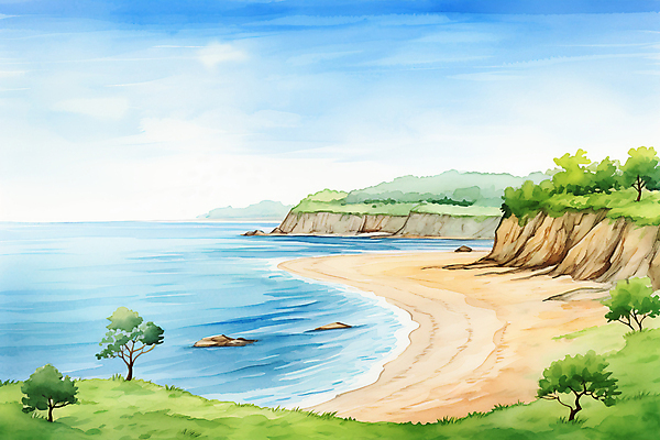 JPG 주간 나무 일러스트 자연 하늘 수채화 풍경 해변 사람없음 야외 맑음 국내일러스트 AI일러스트 AI콘텐츠 자연요소 식물 바다 날씨 생태계 파일형식