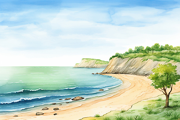 JPG 주간 나무 일러스트 자연 하늘 수채화 풍경 해변 사람없음 야외 맑음 국내일러스트 AI일러스트 AI콘텐츠 자연요소 식물 바다 날씨 생태계 파일형식