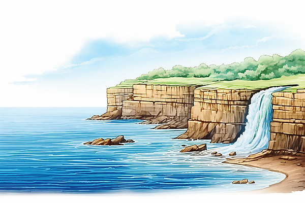 JPG 주간 일러스트 자연 하늘 수채화 풍경 해변 사람없음 야외 맑음 폭포 국내일러스트 AI일러스트 AI콘텐츠 자연요소 바다 날씨 생태계 파일형식