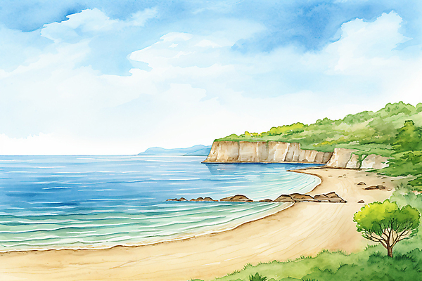 JPG 주간 나무 일러스트 자연 하늘 수채화 풍경 해변 사람없음 야외 맑음 국내일러스트 AI일러스트 AI콘텐츠 자연요소 식물 바다 날씨 생태계 파일형식