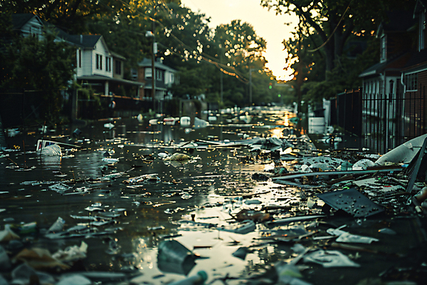 JPG 편집이미지 주택 사람없음 여름 마을 피해 쓰레기 홍수 디지털합성 장마 편집실사 침수피해 AI포토 AI콘텐츠 계절 건물 비_날씨 자연재해 CG 파일형식