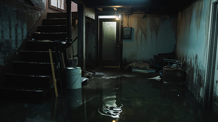 JPG 편집이미지 조명 주택 사람없음 여름 문 계단 어둠 피해 홍수 디지털합성 장마 편집실사 침수피해 AI포토 AI콘텐츠 계절 건물 비_날씨 자연재해 CG 파일형식