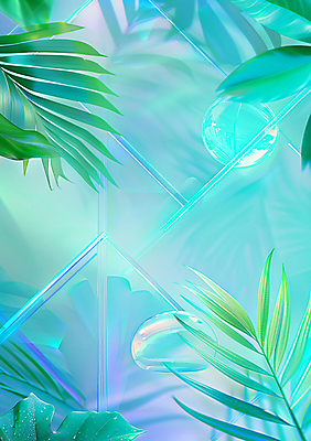 JPG 편집이미지 백그라운드 유리 그림자 사람없음 빛 원형 투명 민트색 열대잎 편집실사 AI컴퓨터그래픽 AI콘텐츠 도형 컬러 잎 재질 CG 파일형식