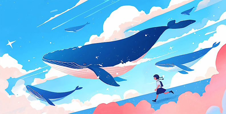 전신 PSD 구름 여자 어린이 여러마리 일러스트 상상 한명 소녀 파란색 달리기 비행 고래 감성 환상 소녀한명만 국내일러스트 자연요소 1 컬러 다수 컨셉 포유류 모션 사람 수중동물 여자한명만 소녀만 파일형식
