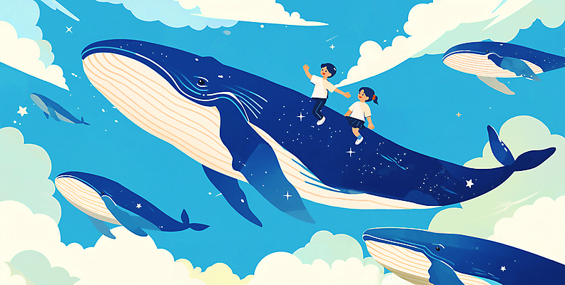 전신 PSD 구름 여자 남자 어린이 여러마리 일러스트 상상 소녀 소년 두명 파란색 비행 승차 고래 감성 환상 어린이만 국내일러스트 자연요소 컬러 다수 컨셉 포유류 모션 사람 수중동물 파일형식