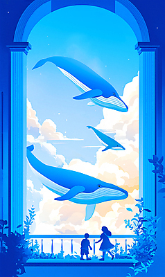 전신 PSD 구름 여자 남자 어린이 일러스트 상상 프레임 신전 세마리 소녀 소년 두명 파란색 비행 기둥 고래 감성 환상 어린이만 국내일러스트 자연요소 건축 컬러 컨셉 고건축 포유류 3 사람 수중동물 파일형식