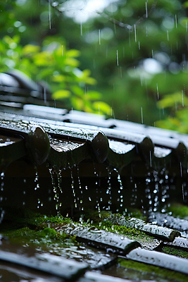 JPG 편집이미지 고건축 잎 자연 이끼 사람없음 여름 물방울 디지털합성 장마 처마 기와지붕 지붕처마 편집실사 AI포토 AI콘텐츠 식물 건축물 계절 지붕 기와 비_날씨 CG 생태계 파일형식