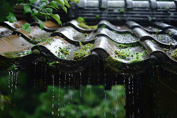 JPG 편집이미지 고건축 잎 자연 이끼 사람없음 여름 물방울 디지털합성 장마 처마 기와지붕 지붕처마 편집실사 AI포토 AI콘텐츠 식물 건축물 계절 지붕 기와 비_날씨 CG 생태계 파일형식