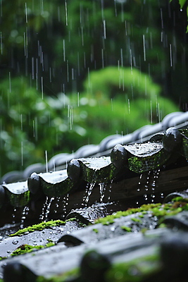 JPG 편집이미지 고건축 잎 자연 이끼 사람없음 여름 물방울 디지털합성 장마 처마 기와지붕 지붕처마 편집실사 AI포토 AI콘텐츠 식물 건축물 계절 지붕 기와 비_날씨 CG 생태계 파일형식