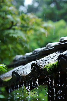 JPG 편집이미지 고건축 잎 자연 이끼 사람없음 여름 물방울 디지털합성 장마 처마 기와지붕 지붕처마 편집실사 AI포토 AI콘텐츠 식물 건축물 계절 지붕 기와 비_날씨 CG 생태계 파일형식