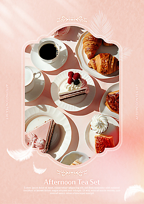 템플릿 접시 포스터 커피 분홍색 디저트 사람없음 카페 조각케이크 커피잔 크루아상 컵받침 깃털 스콘 티세트 이미지템플릿 AI파일 식기 음료 음식 빵 컬러 잔 차_음료 세트 케이크 상점 받침대 파일형식 벡터