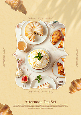 템플릿 접시 포스터 포크 디저트 사람없음 노란색 카페 차 조각케이크 찻잔 크루아상 무화과 티세트 머랭쿠키 이미지템플릿 AI파일 식기 음료 음식 빵 컬러 과일 잔 차_음료 세트 쿠키 케이크 상점 머랭 파일형식 벡터